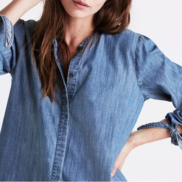 MADEWELL Denim Tie-Sleeve Button down Shirt size XS Soft Denim 100% Cotton - Picture 2 of 16